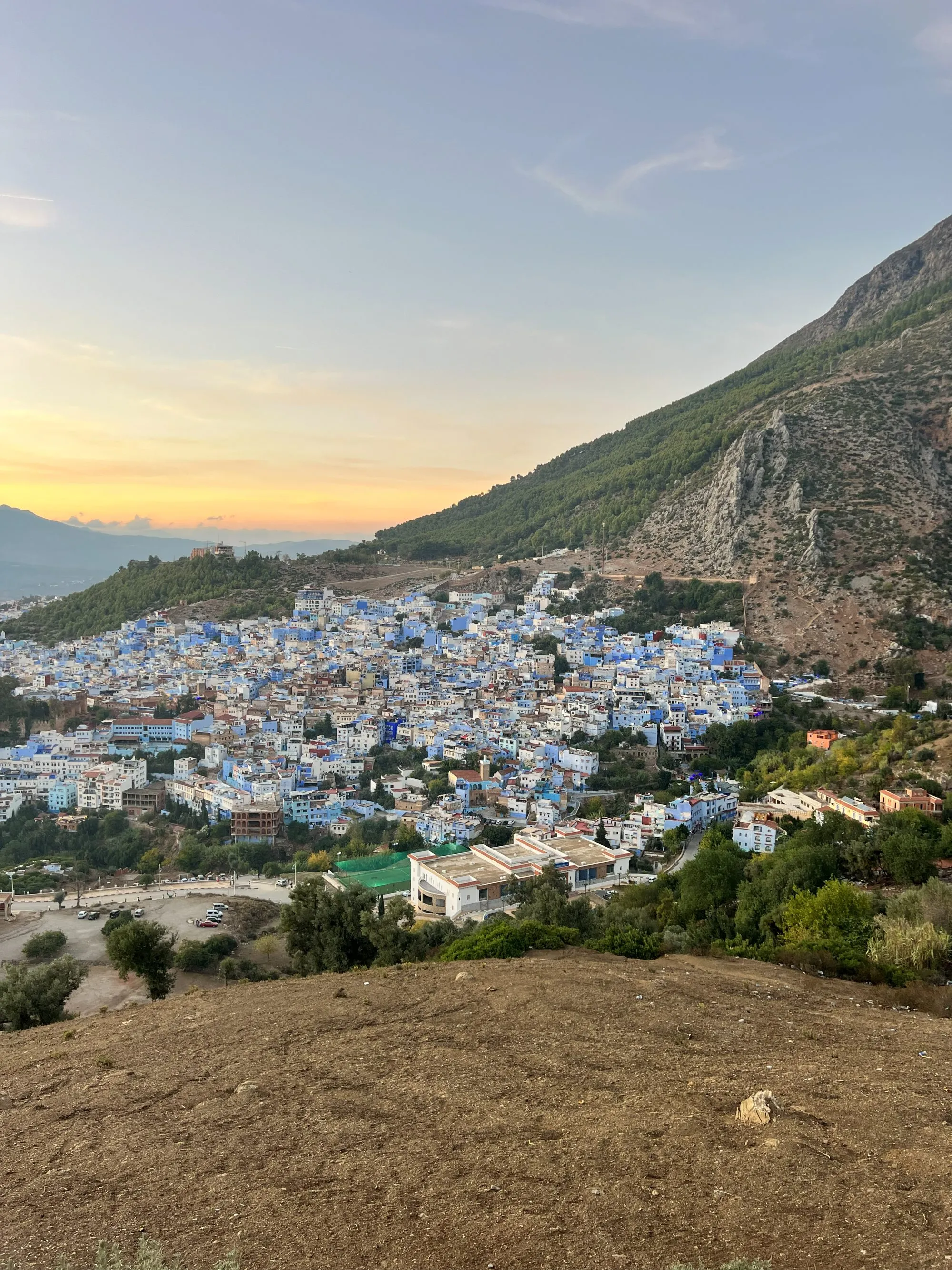 The blue-washed houses of Chefchaouen on the hillside